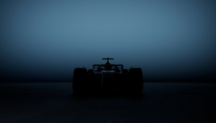 Front view silhouette of a modern generic sports racing car standing in a dark garage. Realistic 3d rendering - obrazy, fototapety, plakaty