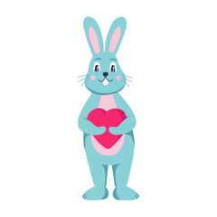 A funny bunny character holds a heart. Fleet vector illustration