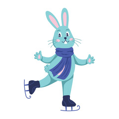 A funny bunny character is skating on ice skates. Flat vector illustration