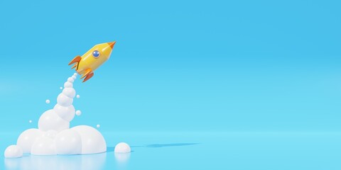 3d yellow spaceship rocket launch on blue background. 3d rendering rocket concept © RIZ_design