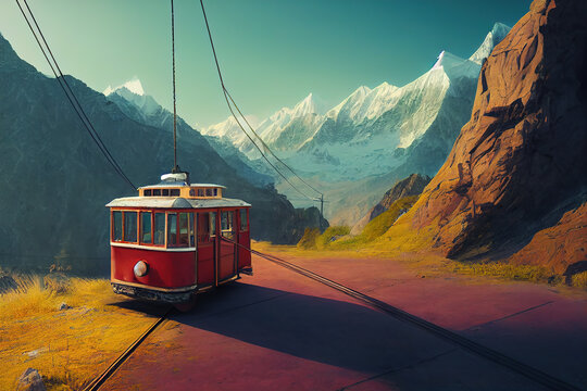 Fantasy Digital Art Of A Retro Trolley Cart On The Side Of A Mountain In The Himalayas, Dappled Sunshine, Nature With Trees And Mountains. A Vintage Tram Rail Car In The Mountains. Retro Transport