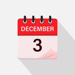 December 3, Calendar icon with shadow. Day, month. Flat vector illustration.