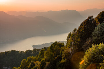 Panoramic view of a mountain lake on sunset, beautiful natural landscape