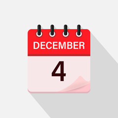 December 4, Calendar icon with shadow. Day, month. Flat vector illustration.