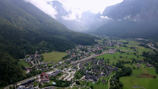Scenery of beautiful Austria village Obertraun Lake Hallstatt in Salzkammergut. Landscape of Austrian Alps with traditional alpine houses