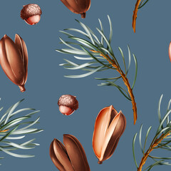 Seamless Christmas pattern with fir and acorns