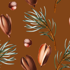 Seamless Christmas pattern with fir and acorns