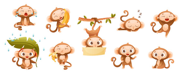Obraz na płótnie Canvas Funny Brown Monkey with Prehensile Tail Enjoying Different Activity Vector Set