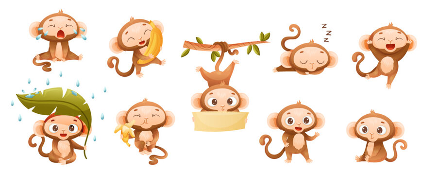 Funny Brown Monkey with Prehensile Tail Enjoying Different Activity Vector Set