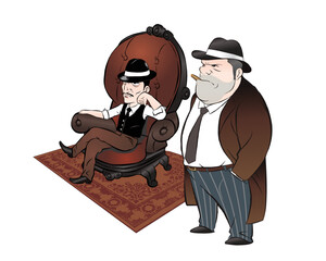 Mafia sitting on brown vintage sofa. wear hat. vector illustration isolated cartoon hand drawn background