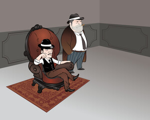 Mafia sitting on brown vintage sofa. wear hat. vector illustration isolated cartoon hand drawn background