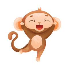 Funny Brown Monkey with Prehensile Tail Jumping with Joy Vector Illustration
