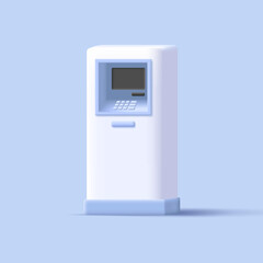 3D cartoon white and blue ATM machine, realistic screen and buttons