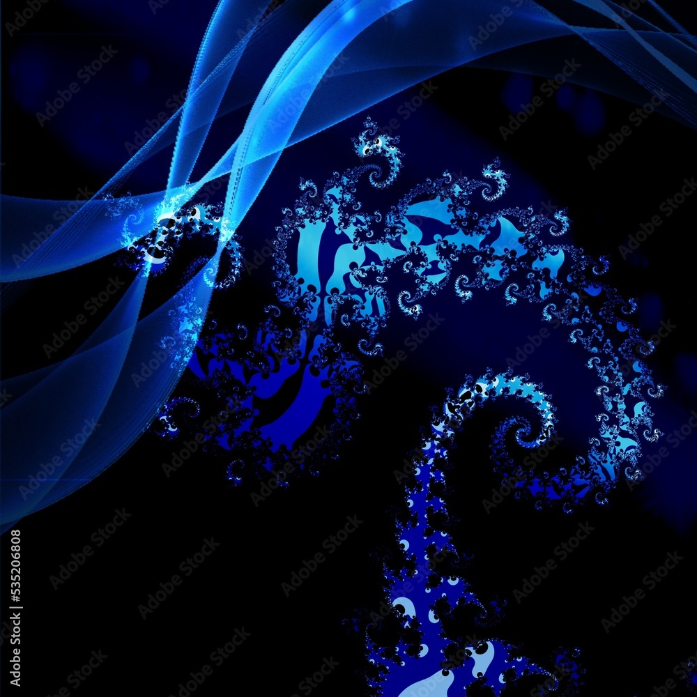 Poster contemporary abstract in many blue colours of fractal underwater with bokeh layer added