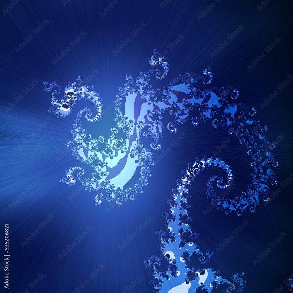 Poster contemporary abstract in many blue colours of fractal underwater with bokeh layer added