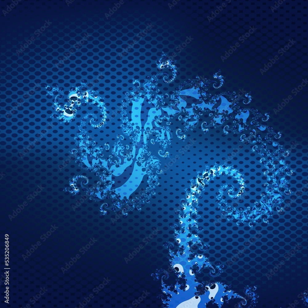 Poster contemporary abstract in many blue colours of fractal underwater with bokeh layer added