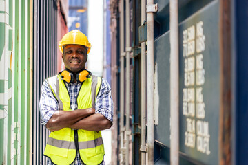 Portrait of Young African American worker work in container termainal. 