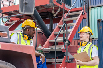 African American and Caucasian man worker work in container terminal. 