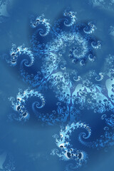 spiraling silver Julia fractal on shades of blue background