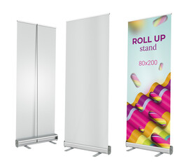 Roll Up banner stand 80х200. Colorful roll up on an isolated background. Mockup. 3D rendering