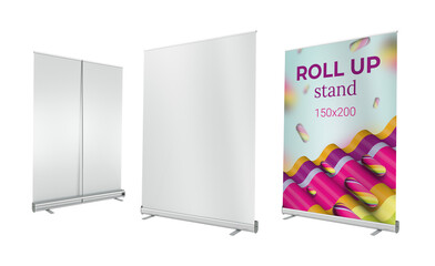 Roll Up banner stand 150х200. Colorful roll up on an isolated background. Mockup. 3D rendering