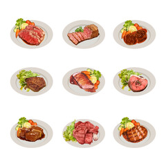 Set of beef steak with vegetables vector illustration