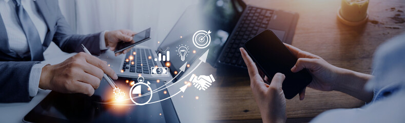 Man using mobile online banking and make payment, Business people using mobile phone with credit card, Mobile banking network, online payment, digital marketing, business technology.