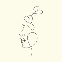 One line drawing abstract heart face of woman. Minimalist romantic logo
