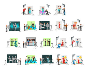 Movie and Photo Studio Production with People Engaged in Filming and Shooting Process Vector Set