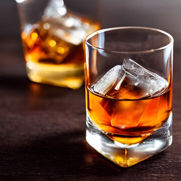 Fresh whiskey on clear glass and bottle also diced ice alcohol drawing. picture & image beverage illustration for background