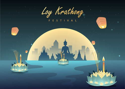 Loy krathong Festival Travel Thailand Poster Design Background Vector Illustration.  Chao Phraya River Holy Place in Thailand Background.Loy krathong Festival Travel Thailand Poster Design Background 