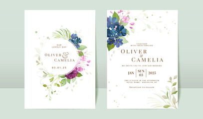 Purple watercolor roses wedding invitation card template set