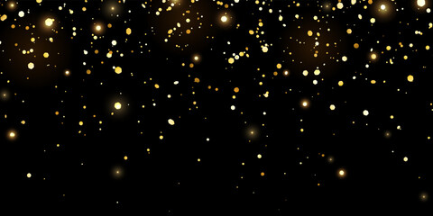 Yellow gold glitter confetti with glow lights on black background. Vector