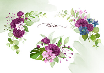 Watercolor floral frame and arrangements elements of purple roses