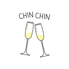 Two glasses isolated on a white background. Glasses of champagne. Greeting card, happy New Year, Christmas, birthday, wedding. Vector illustration in hand-drawn style.