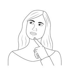 The girl thinks. Thoughtfulness, thoughts. Vector illustration isolated on a white background. Hand drawing style, lines.
