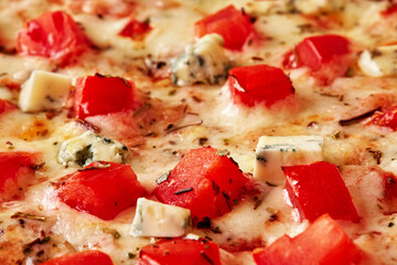 Macro shot of pizza topping with pieces of blue cheese and tomatoes in melted mozzarella with dried herbs