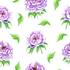 Seamless spring pattern with peony flower. Vintage wallpaper with flowers in purple colors.