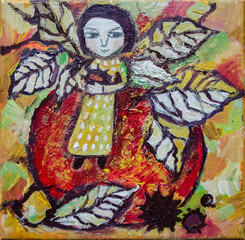 Autumn fairy on a red apple among autumn leaves and chestnuts.