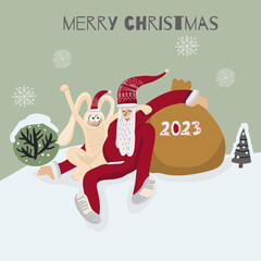 Funny Santa with rabbit, bunny hugging, symbol of the year, with big bag of gifts, Merry Christmas lettering, for invitations, winter sale, other winter events.