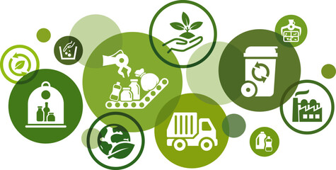Waste management & recycling vector illustration. Green concept with icons related to sorting & separating different garbage / rubbish types, resources & recycled materials, municipal trash collection
