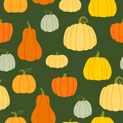 Seamless vector pattern with pumpkins in various shapes and colors. Halloween and Thanksgiving day. Autumn decorative element. Design for web page backgrounds, fabric, wallpaper, textile and decor.