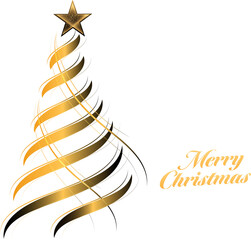 Merry Christmas Greeting Card With Golden Spiral Xmas Tree On White Background.