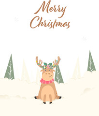 Merry Christmas Greeting Card With Cartoon Reindeer And Xmas Tree Against White Background.