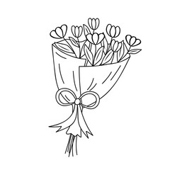Bouquet of flowers in doodle style. Black and white vector illustration for coloring book.