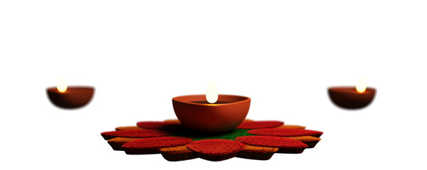 3D Render Of Illuminated Oil Lamp (Diya) Over Rangoli And Copy Space.