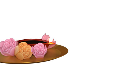 3D Render Of Illuminated Oil Lamp (Diya) With Rose Flowers Over Plate And Copy Space.