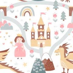 Fotobehang Princess, dragon, and fairy castle. Cartoon nursery background. Vector seamless pattern © Toltemara