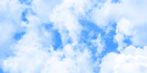 Blue skies with white clouds background. Romantic sky. Abstract nature background of romantic summer blue sky with fluffy clouds. Beautiful puffy clouds in bright blue sky in day sunlight.><