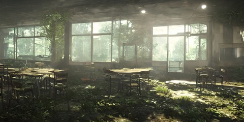Fototapeta premium Abandoned cafe overgrown with vegetation. Illustration.